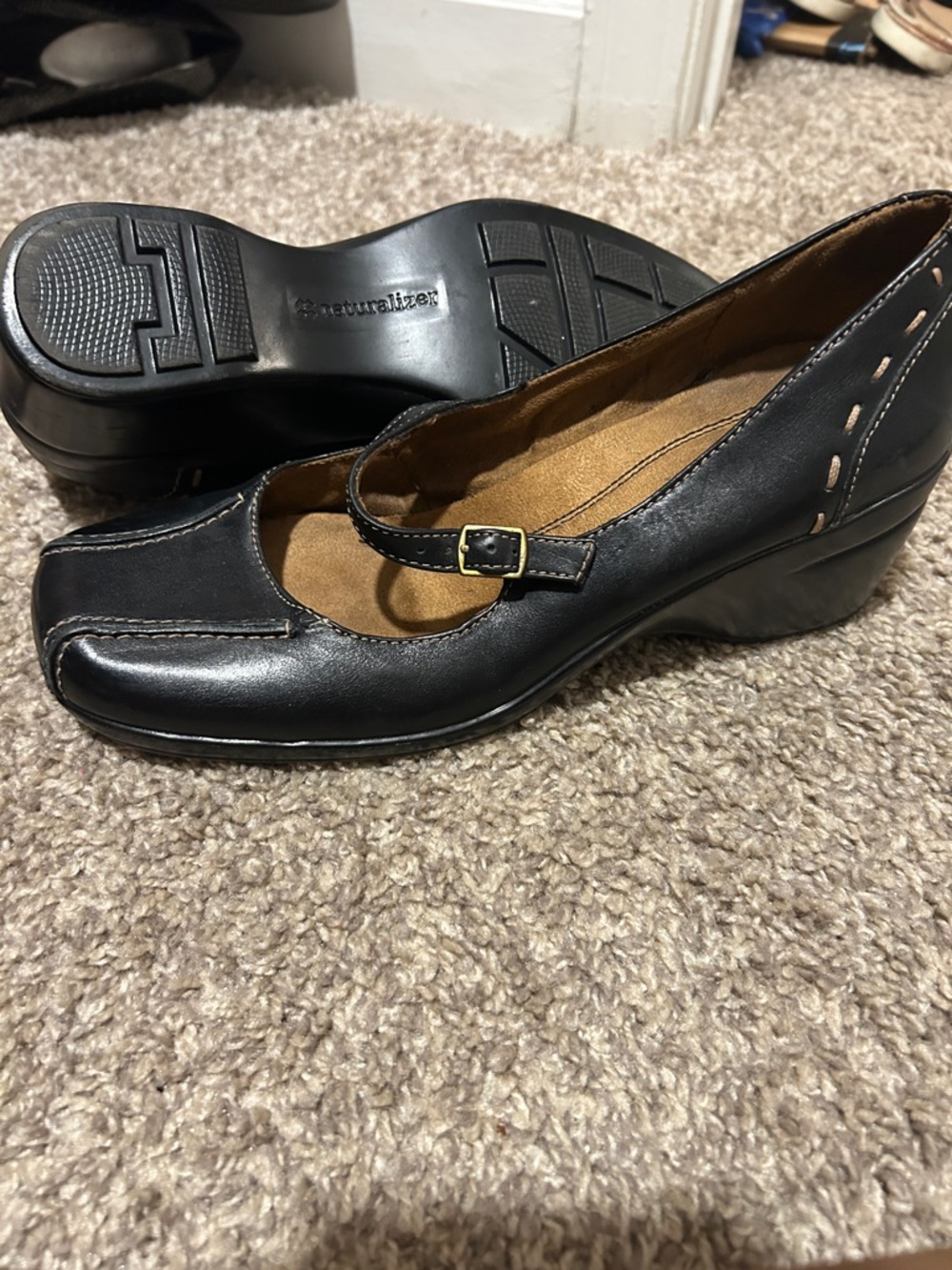 Naturalizer Black Leather Mary Jane Wedge with Gold Buckle